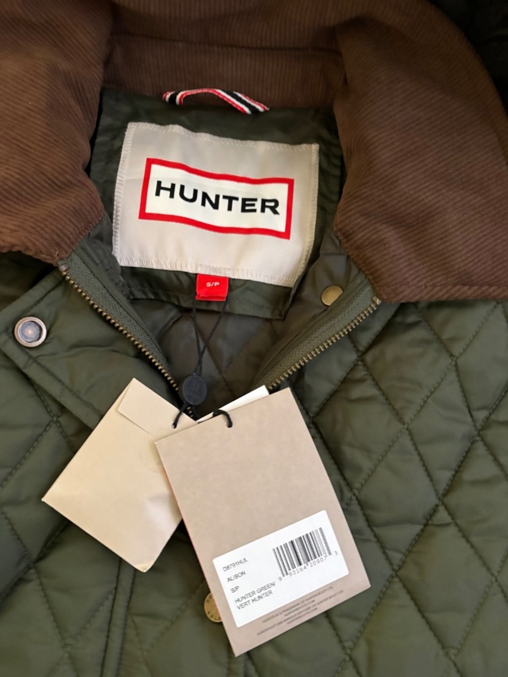 NWT Hunter Alison Quilted Barn Jacket S Hunter Green Corduroy Collar Hood